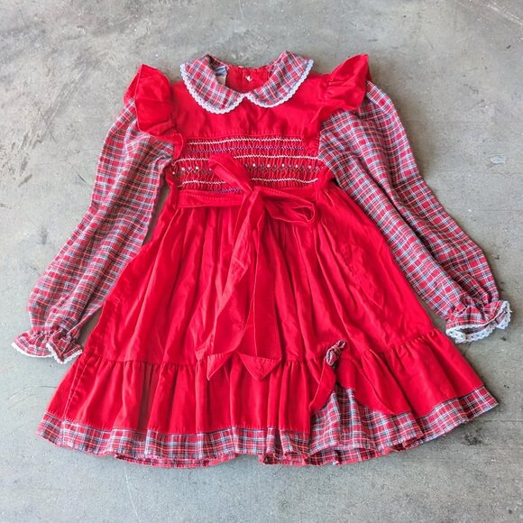 Vintage 70s Polly Flinders Girls Red Long Sleeve Holiday Christmas Dress size 6 - Picture 1 of 8